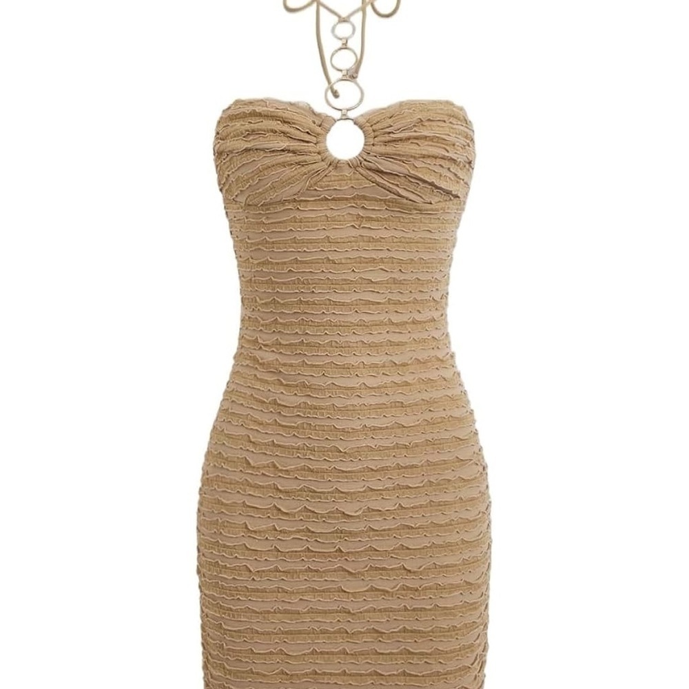 SHEIN Tan Ribbed Midi Pencil Skirt Cocktail
